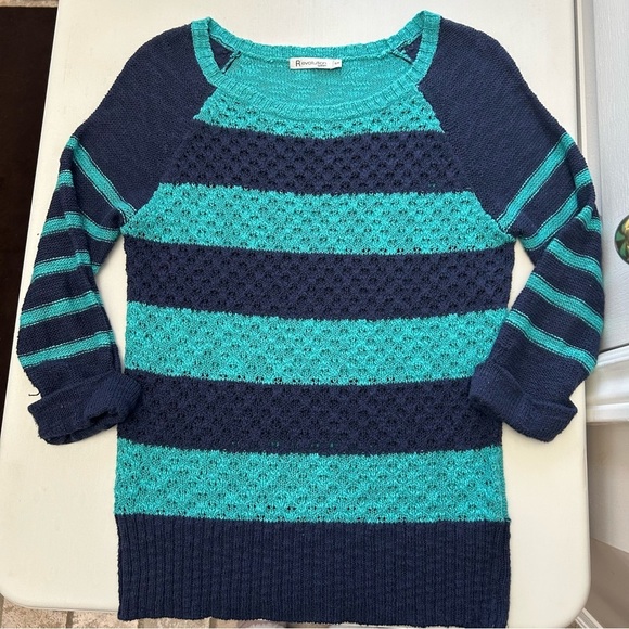 Ricki’s Striped Blue Teal Sweater Lightweight Cotton Open Weave Size Small - Picture 9 of 14